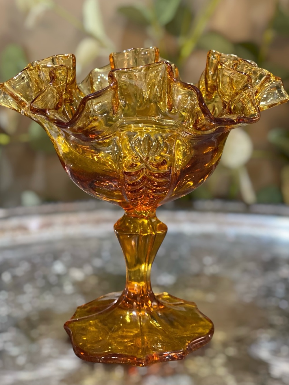 Vintage Fenton Empress Amber Art Glass Compote Ruffled Crimped Edge Footed